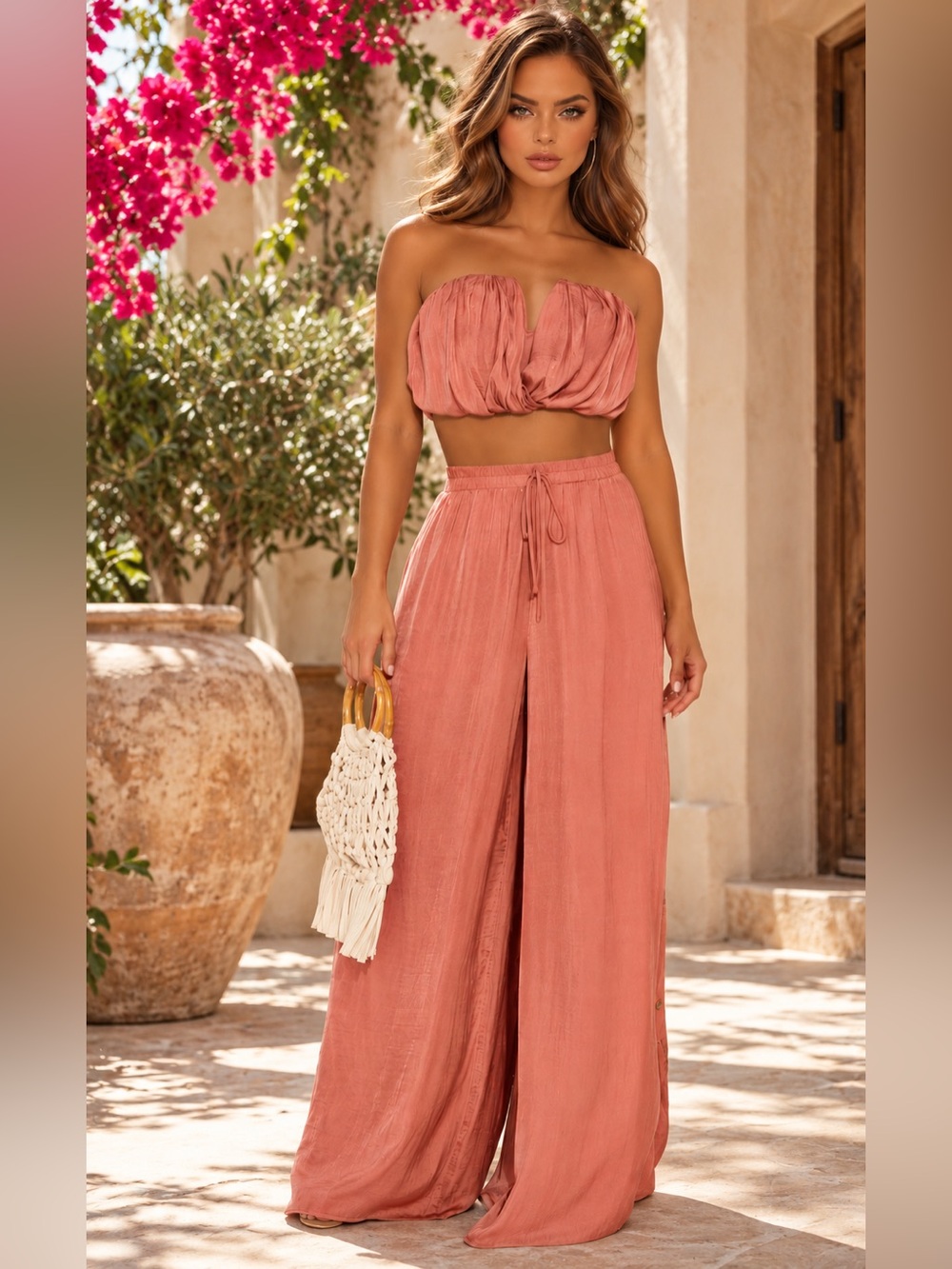 NWT - Fashion Nova | Eloise Satin Tube Top / Wide Leg Pant Set - Rust - Small
